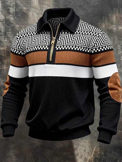Men's Retro Color Block Print Zipper Sweatshirt