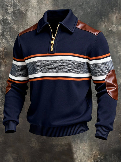 Men's Vintage Color-Block Printed Zip-Up Hoodie