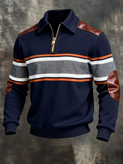 Men's Vintage Color-Block Printed Zip-Up Hoodie