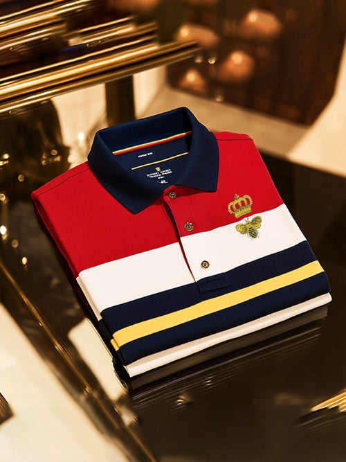 Men's Classic Business Check Logo Button Short Sleeve Polo Shirt