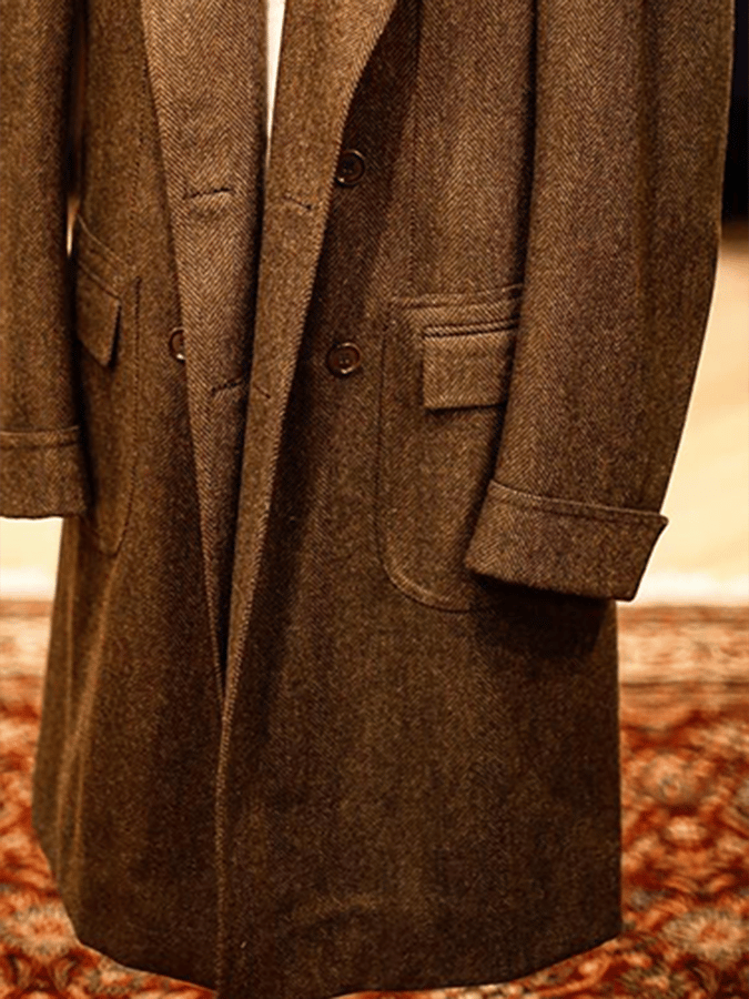 Men's Stylish Herringbone Double-Breasted Pocket Design Casual Woolen Coat