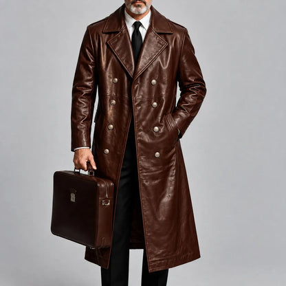 Men's Dark Brown PU Leather Slant Pockets Notched Lapel Double-Breasted Trench Coat