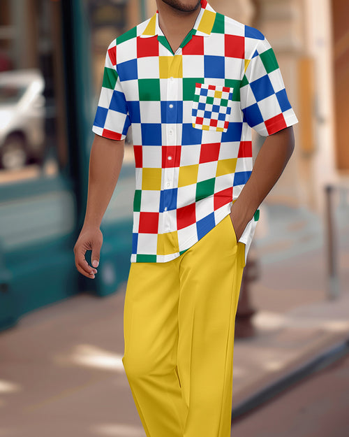 Men's Retro Colorblock Short Sleeve Shirt Walking Suit 1153