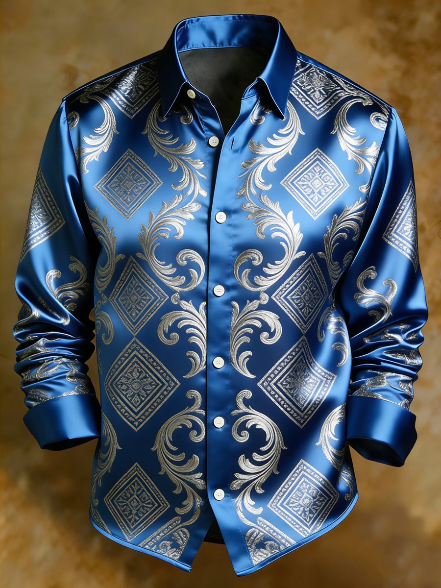 Men's luxury business long-sleeved shirt with geometric floral print.