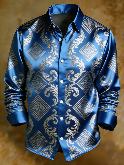 Men's luxury business long-sleeved shirt with geometric floral print.