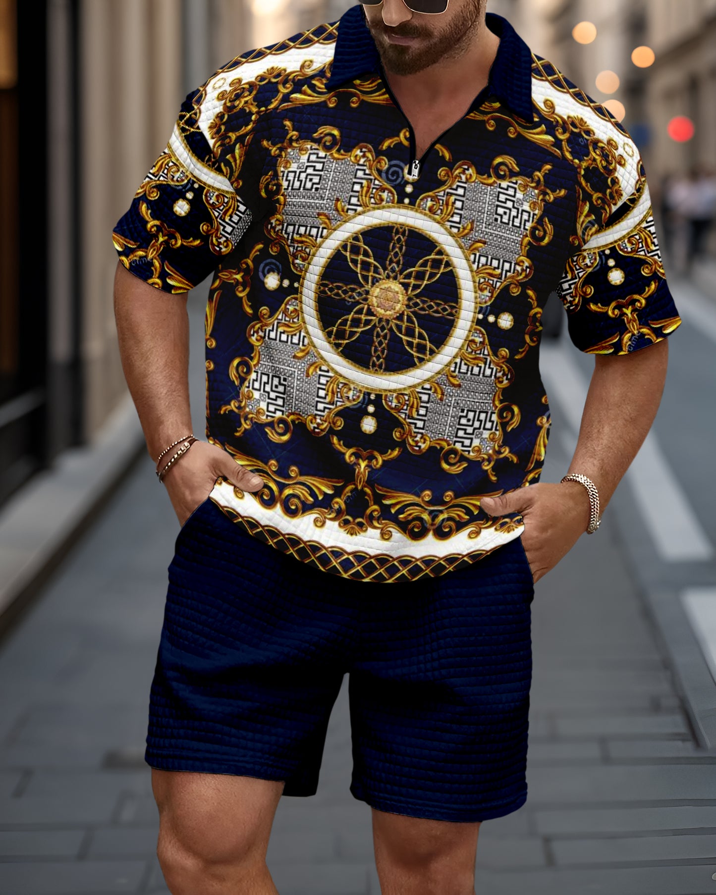 Men's casual waffle texture summer Polo Set 036