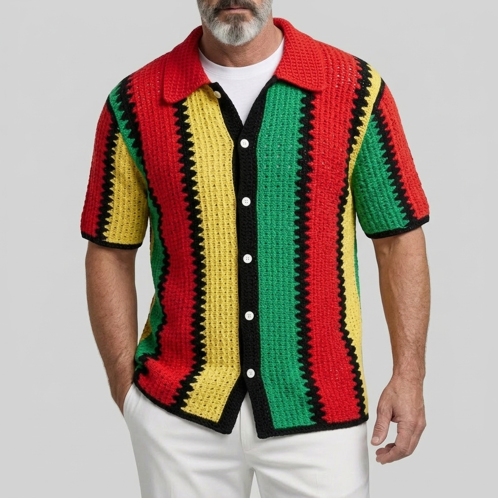 Men's Casual Colorblock Striped Hollow Out Button-Up Short Sleeve Shirt