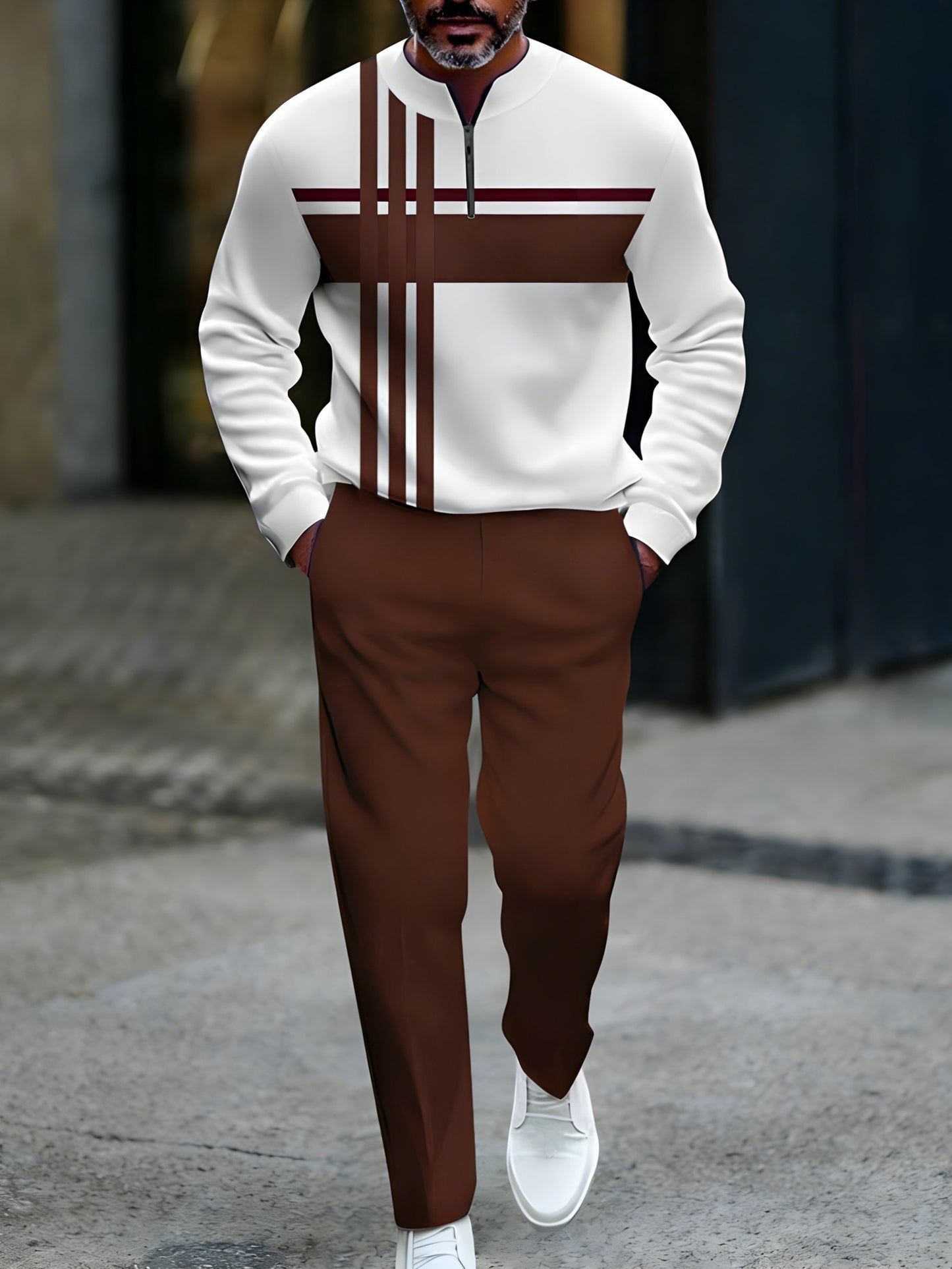 Men's Casual Maroon & White Color Matching Striped Printed Round-Neck Zipper Long Sleeved Sweatshirt & Trousers Two-Piece Set