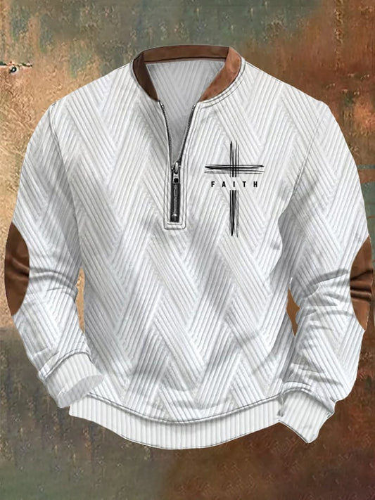 Men's retro Faith design jacquard fabric zip-up collar sweatshirt