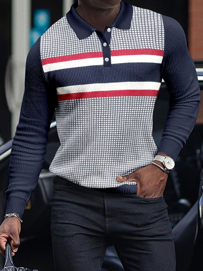 Colorblocked Stripe Casual Waffle Long Sleeved Men'S Polo Shirt