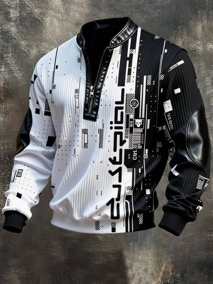 Men's Vintage Color-Block Printed Zip-Up Hoodie