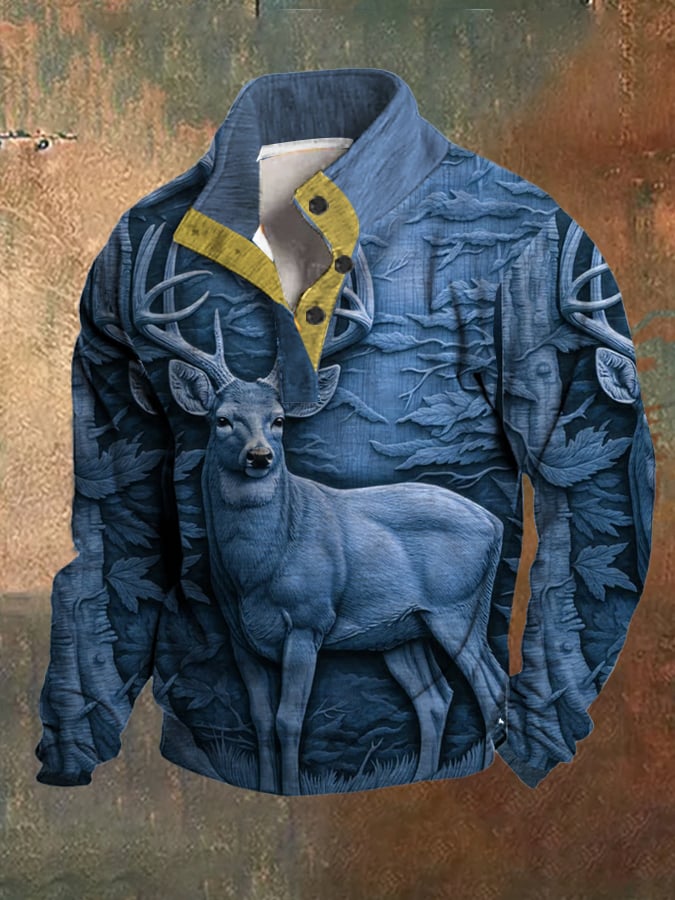 Men's Fleece Western 3D Forest Deer Hunting Stand Collar Sweatshirt