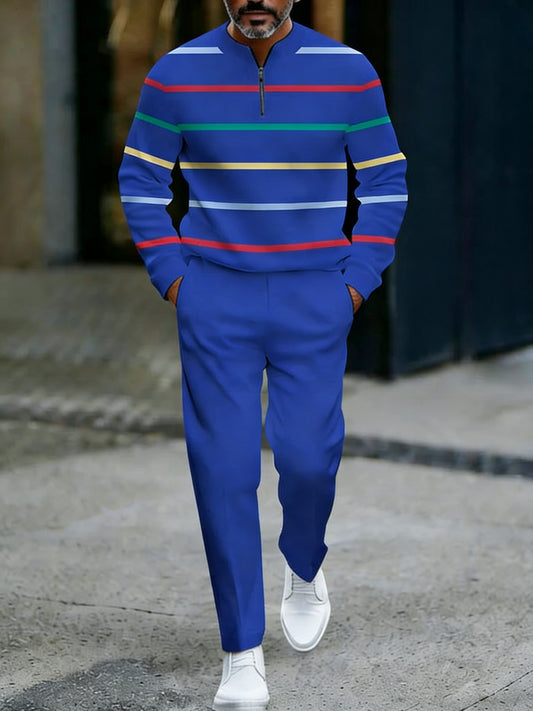 Men's Casual Royal Blue & Multicolor Striped Printed Round-Neck Zipper Long Sleeved Tops & Trousers Two-Piece Set