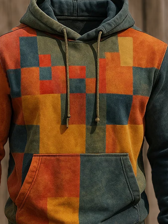 Men's Retro Distressed Color Block Print Casual Long Sleeve Sweatshirt
