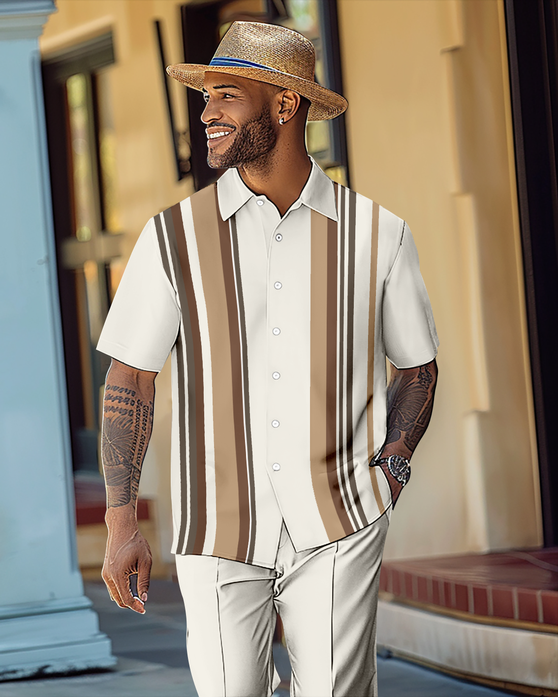 Men's Gorgeous Color Block Short Sleeve Shirt Walking Suit 1072