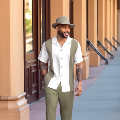 Men's Retro Colorblock Short Sleeve Shirt Walking Suit 1468