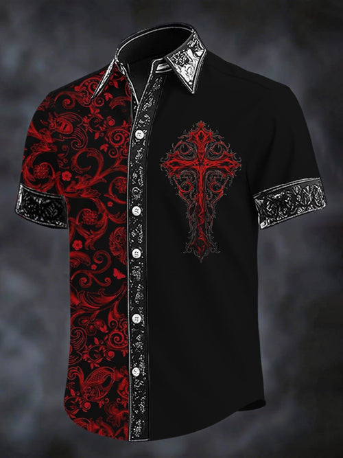 Men's Retro Gothic Cross Print Short Sleeve Shirt