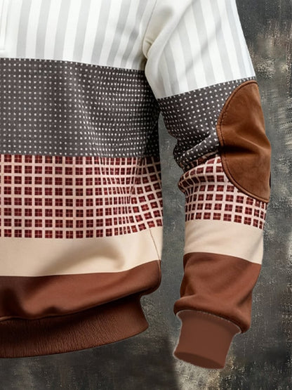 Men's Retro Color Block Print Zipper Sweatshirt
