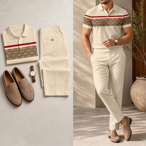 Men's Casual Khaki Plaid Printed Polo Shirt And Pants Two-Piece Set