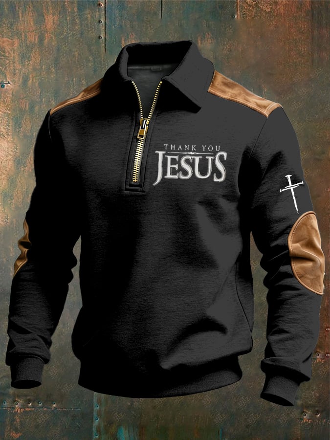 Men's vintage Faith “Thank You Jesus” Design Print Casual Zipper Sweatshirt-Fast Shipping
