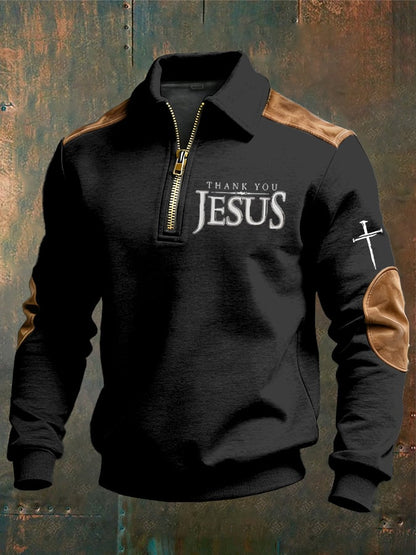Men's vintage Faith “Thank You Jesus” Design Print Casual Zipper Sweatshirt-Fast Shipping