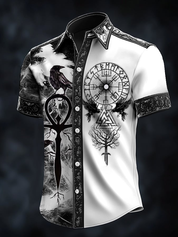 Men's Casual Vintage Viking Raven Satin Shirt