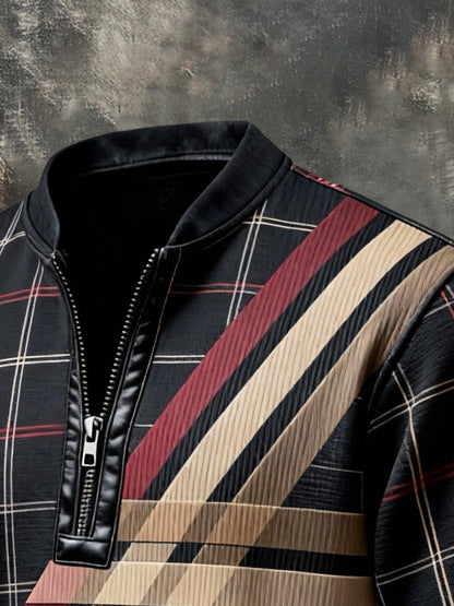 Men'S Casual Retro Contrast Color Half Zip Stand Collar Long Sleeve Sweatshirt