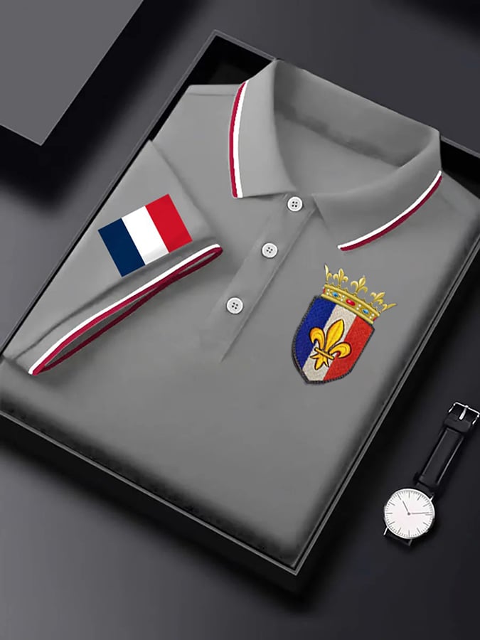 Men's Short-Sleeved French Badge Printed Button-down POLO Shirt