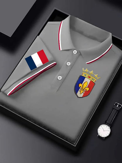 Men's Short-Sleeved French Badge Printed Button-down POLO Shirt