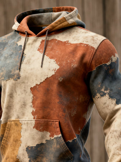 Men's Retro Distressed Color Block Print Casual Long Sleeve Sweatshirt