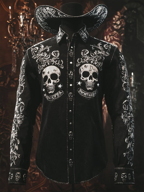 Men's Retro Casual Skull Print Long Sleeve Shirt