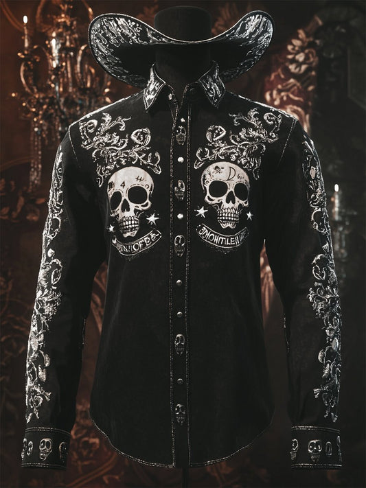 Men's Retro Casual Skull Print Long Sleeve Shirt