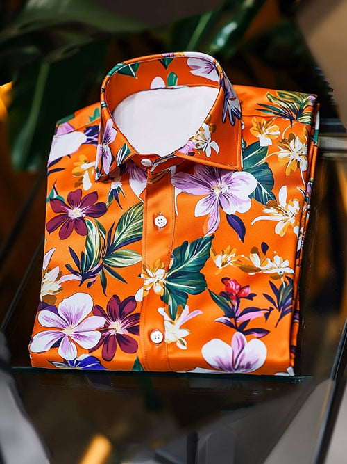 Men's Satin Luxe Hawaiian Orange Short Sleeve Button Down Shirt