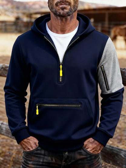 Men's Vintage Outdoor Style Patchwork Design Sweatshirt with Zipper Pockets.