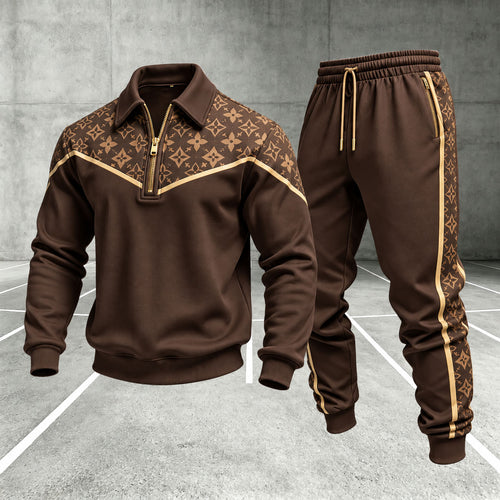 Men's Printed Zipper Polo Shirt and Pants Set
