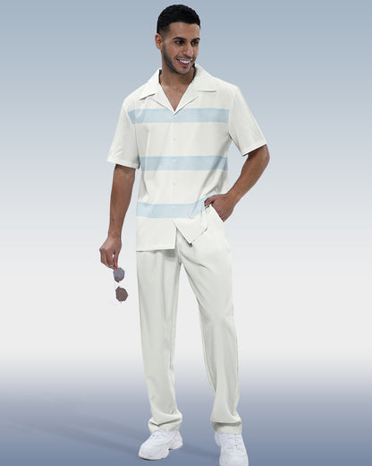 Off-White Textured Two-Piece Short Sleeve Printed Walking Set