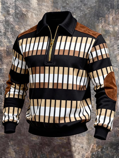 Men's Retro Color Block Print Zipper Sweatshirt