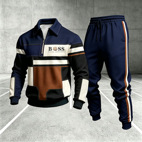 Men's Printed Zipper Polo Shirt and Pants Set