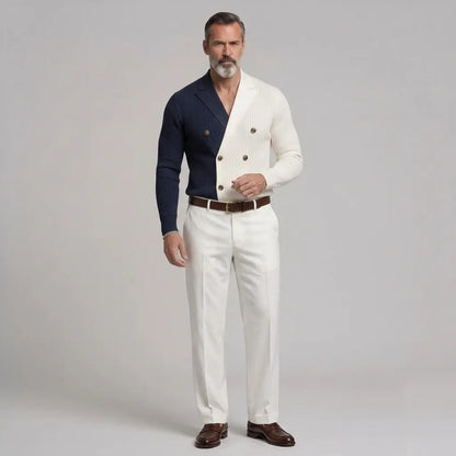 Men's Colorblock Ribbed Knit Double-Breasted Lapel Collar Slim Fit Shirt