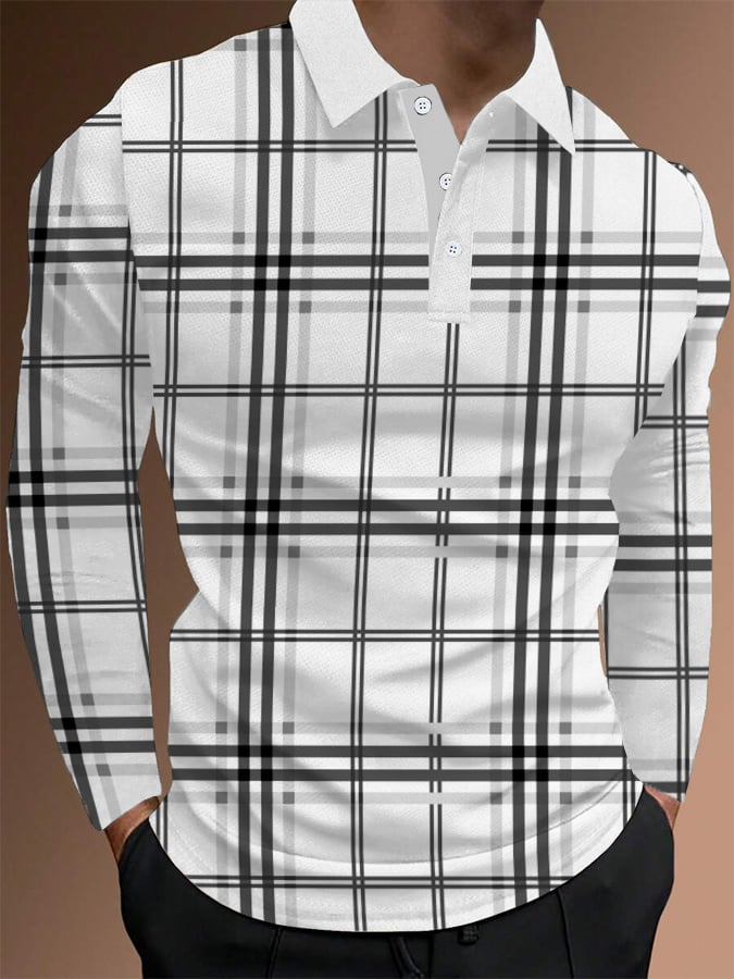 Men's Plaid Business Casual Long Sleeve Polo Shirt