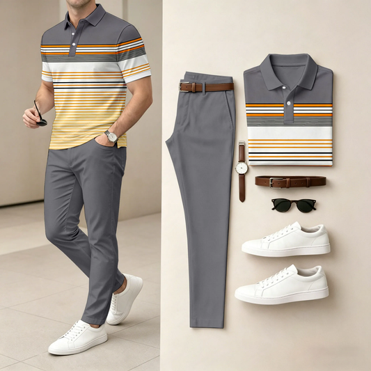 Men's Casual Gray & White Stripes Printed Polo Shirt And Pants Two-Piece Set