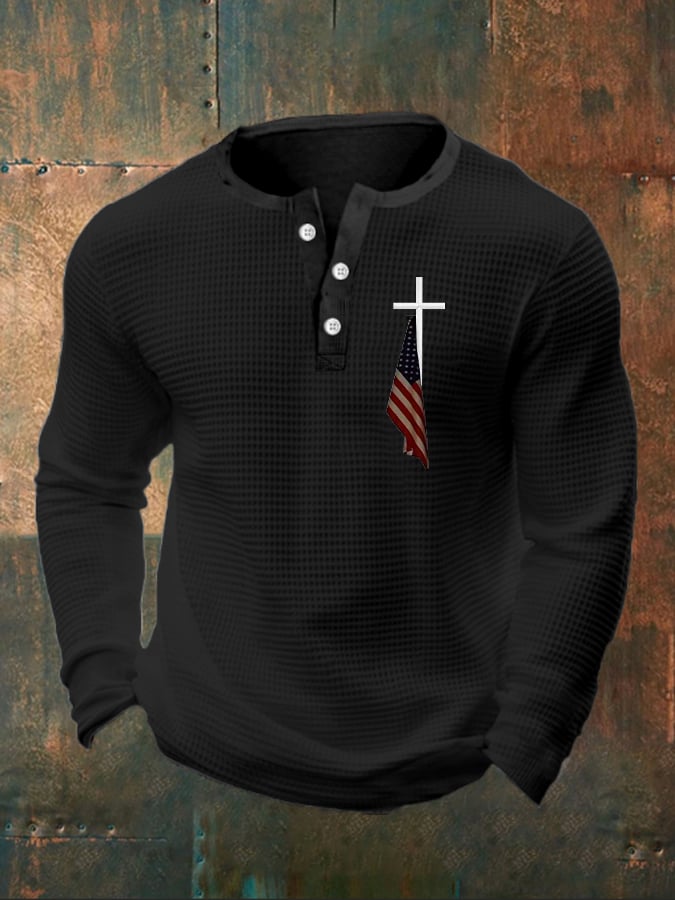 Men's Flag Cross Print Henley Collar Shirt