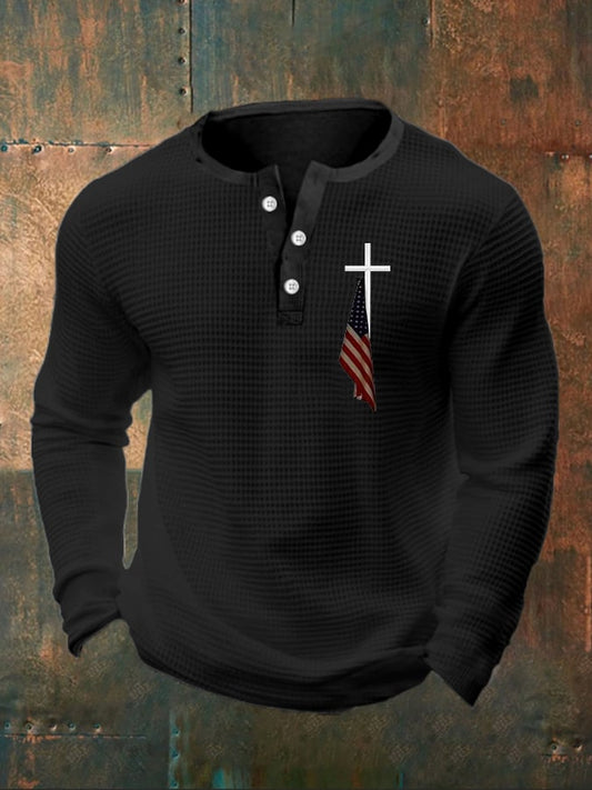 Men's Flag Cross Print Henley Collar Shirt