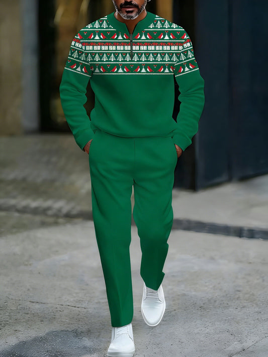 Men's Casual Green & White Color Matching Christmas Printed Round-Neck Zipper Long Sleeved Sweatshirt & Trousers Two-Piece Set