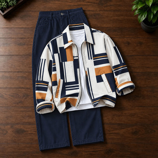 Men's Printed Lapel-Collar Zip-Up Cardigan and Pants Set