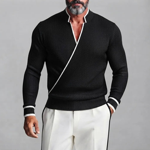 Men's Black Ribbed Knit Stand Collar Contrast Piping Slim Fit Wrapped Sweater