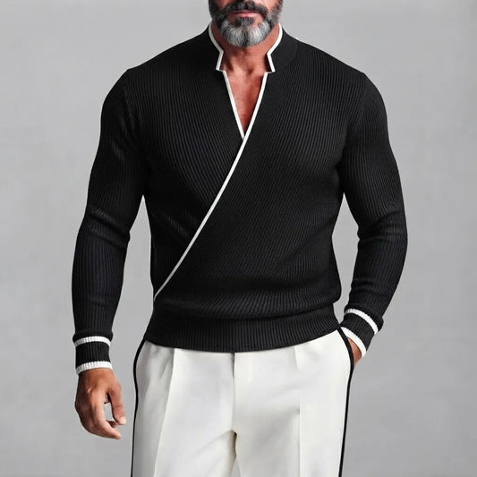Men's Black Ribbed Knit Stand Collar Contrast Piping Slim Fit Wrapped Sweater