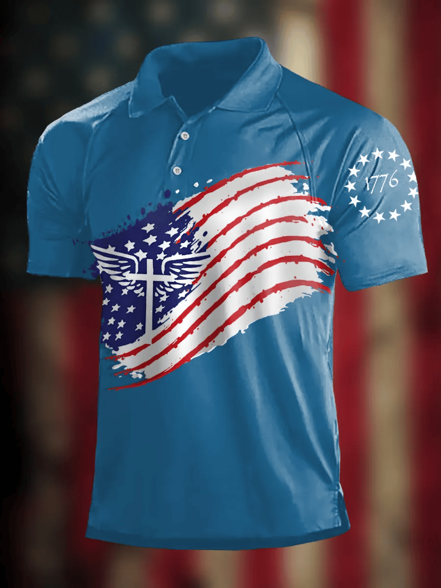 Men'S Retro American Flag Cross Faith 1776 Casual Polo