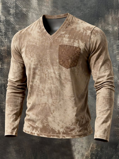 Men's Retro Washed Distressed V-Neck Long-Sleeve Top