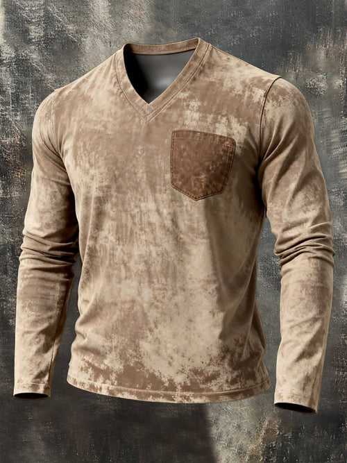 Men's Retro Washed Distressed V-Neck Long-Sleeve Top